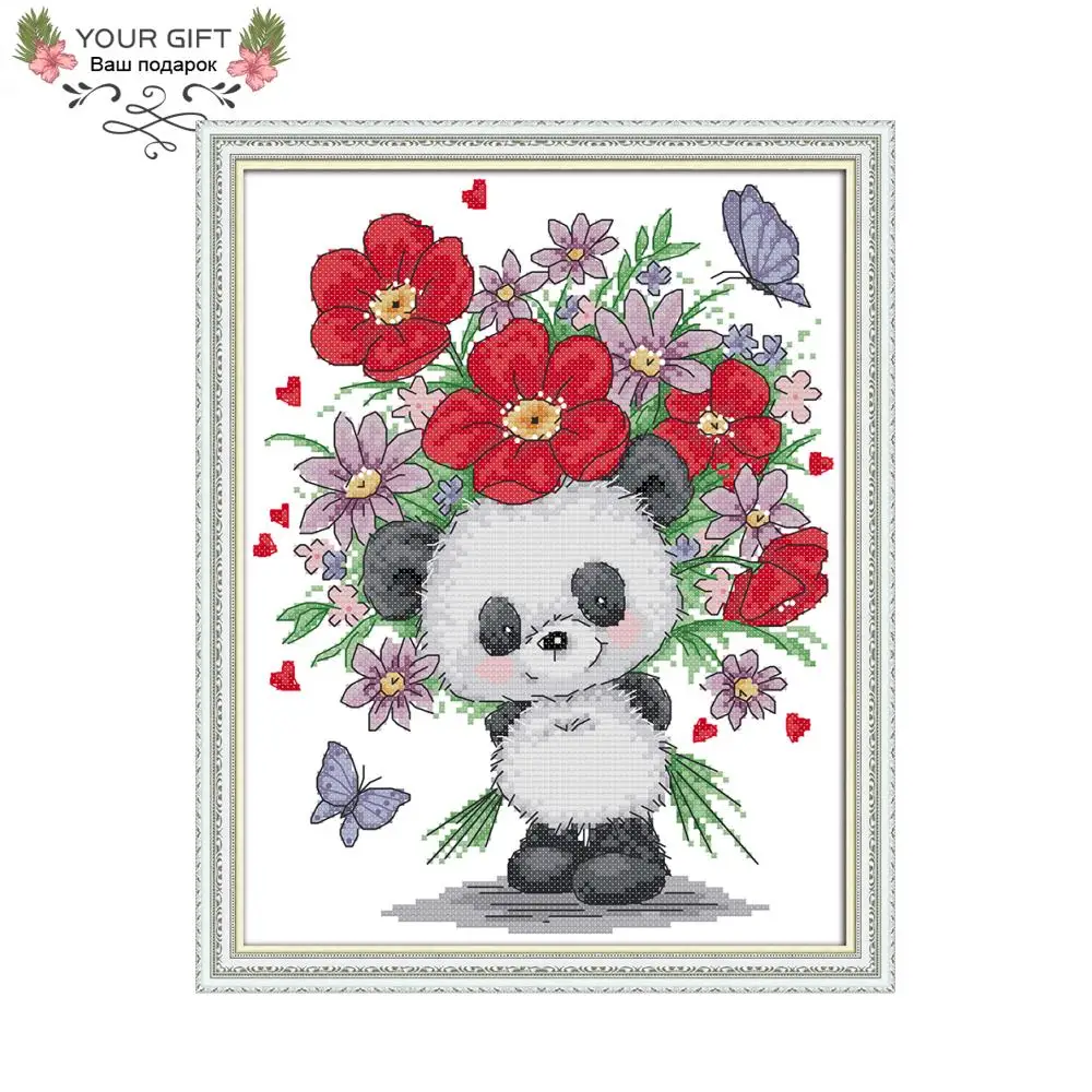 

Joy Sunday Flowers Panda Needlework DA168 14CT 11CT Counted and Stamped Home Decor Bear Giving Flowers Cross Stitch kits
