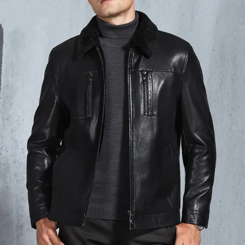 Top Quality Mens Winter Motorcycle Biker Fur Lining Faux Leather Jacket Zipper Windbreaker Business Casual Chaqueta Cuero Hombre