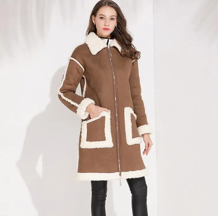 

New Women Fashion Faux Suede Leather Winter Parkas Warm Snow Fur Coat E1108-003