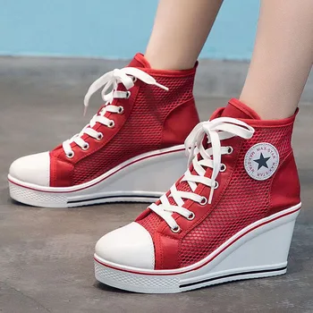 

Fashion women Canvas pumps Mesh Breathable Platform High Increasing Wedge shoes casual Lace up high heel shoes plus size
