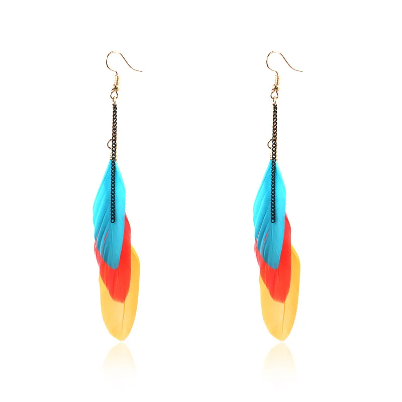 

Red Blue Yellow Feather Hook Trendy Stainless Steel Statement Long Drop Hanging Dangle Women Earrings
