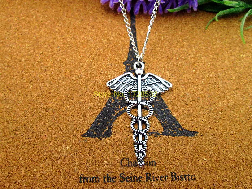 

Fashion 48*30mm Antique silver Caduceus Medical Symbol Staff with Wings Snakes Charm Pendant necklace