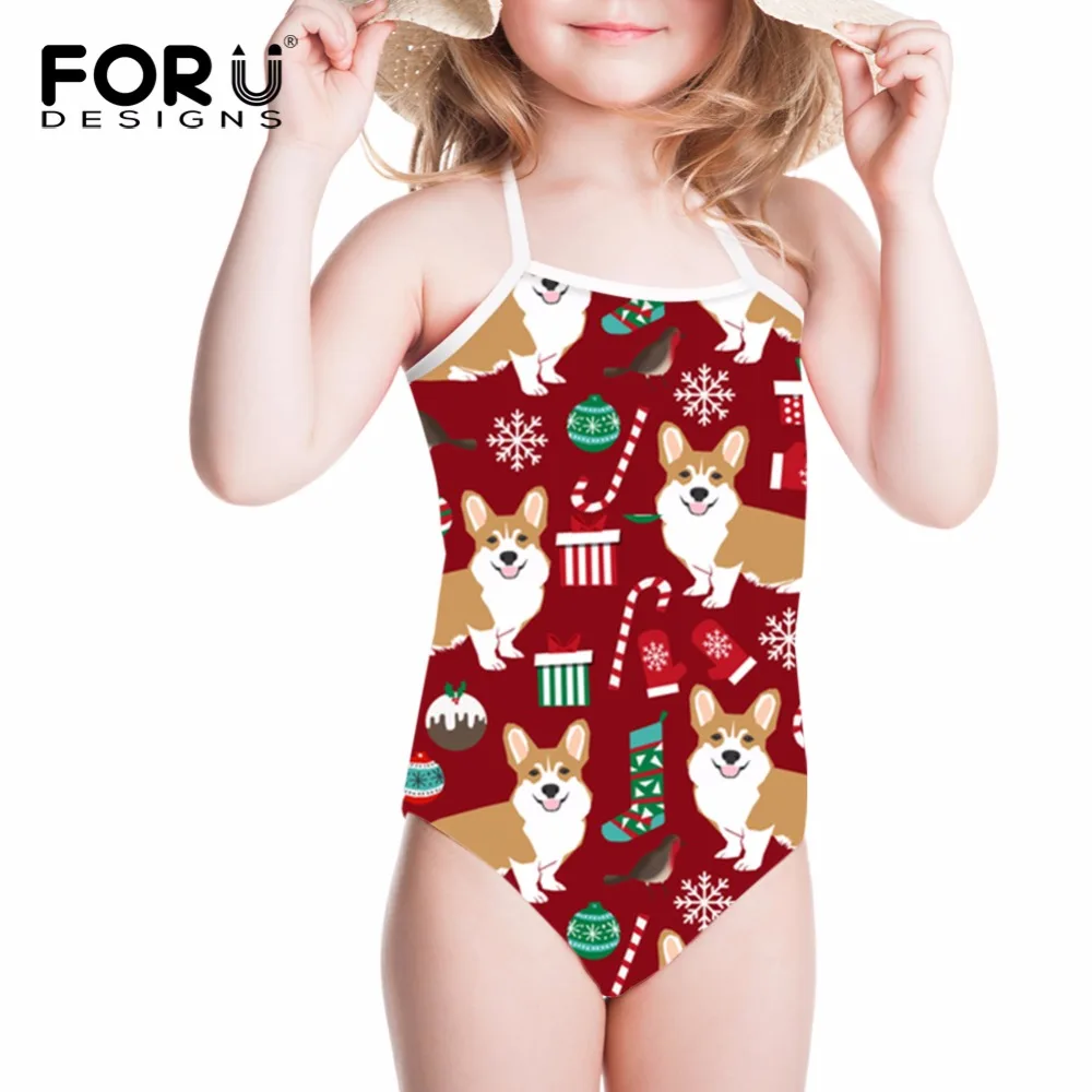 FORUDESIGNS Swimsuit One Piece Suits Kawaii Cartoon Corgi Printed 