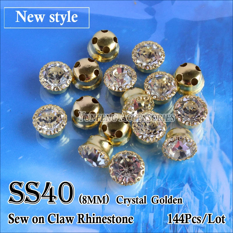 New Style Sew on Claw Rhinestones SS40 Crystal 8mm 144Pcs/lot with Gold