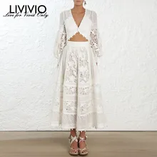 [LIVIVIO] V Neck Long Lantern Sleeve White Hollow Out Floral Embroidery Crop Tops High Waist Midi Dress Women Summer New