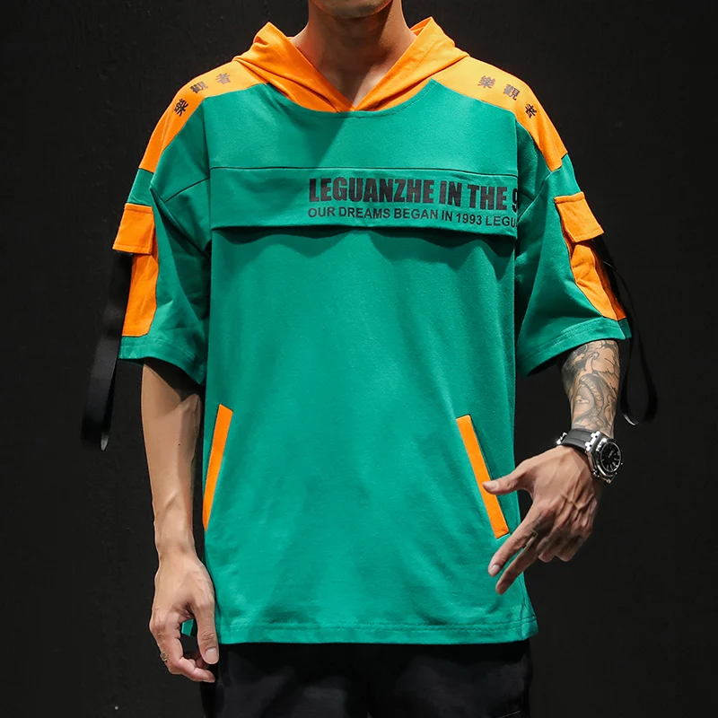 

New Arrival Male Hooded T-Shirt Printing Patchwork Men's T-Shirts Multi-Pocket Summer Mens T Shirts