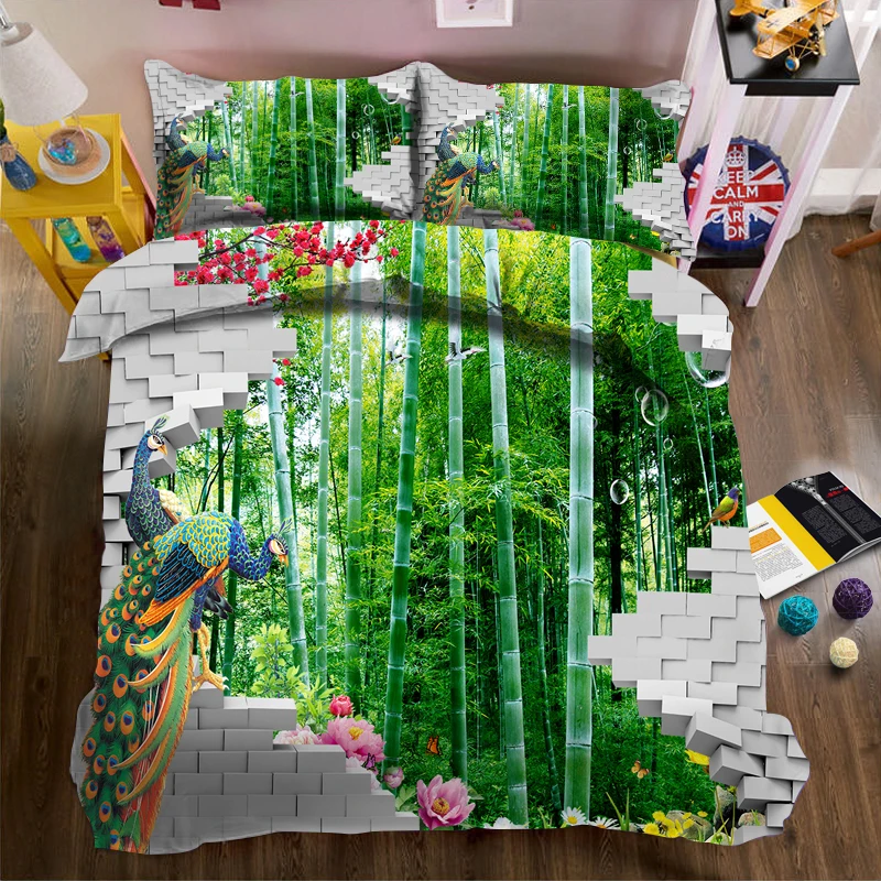 

Bamboo forest with peacock 3d effect photo bed linen can be customized photo pattern