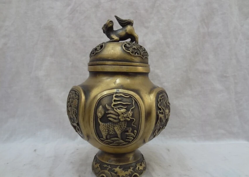 

song voge gem S2792 8" Tibet Bronze Dragon Phoenix Kylin PiXiu Statue Flower Incense Burner Censer