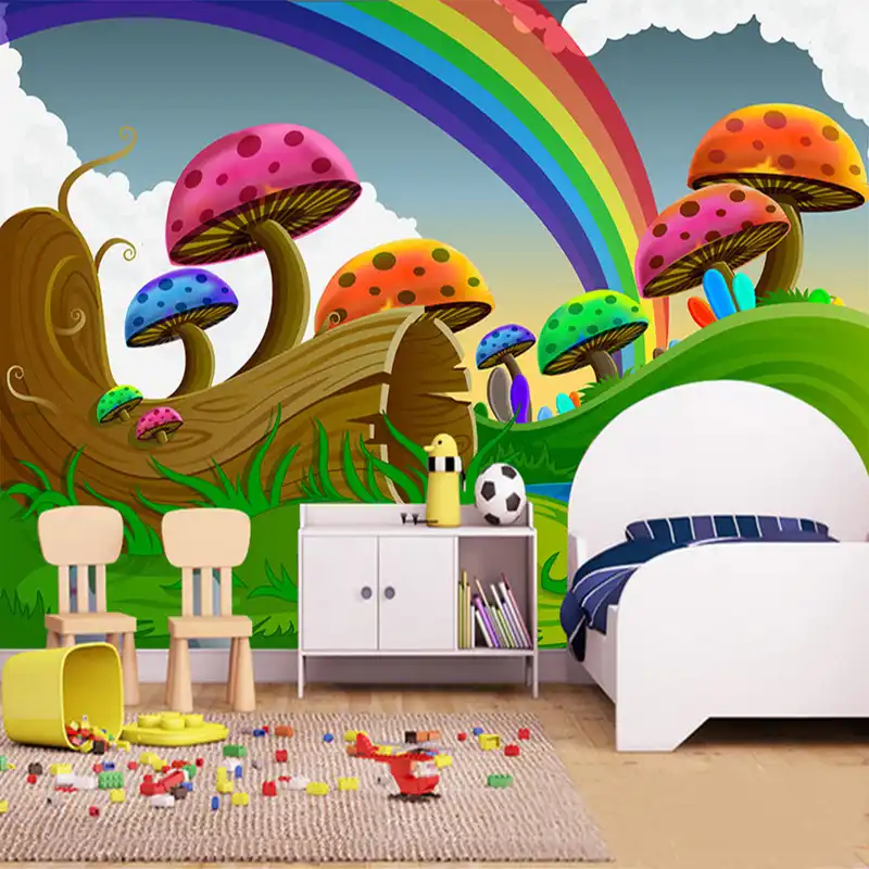 3d 漫画かわいいキノコ虹壁画壁紙子供の部屋のエコフレンドリーな背景の壁壁画 Papel デ Parede 3 D Photo Mural Wallpaper Mural Wallpaperwallpaper For Children Aliexpress