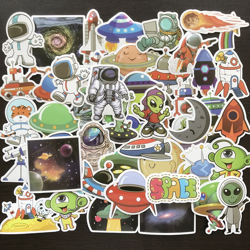 

50Pcs/Lo Outer Space Stickers Toy for Children Alien UFO Astronaut Rocket Ship Planet Sticker to Scrapbooking Skateboard Laptop