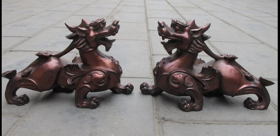 

zhaorui5++ Details about China red Bronze Palace Door Foo Dog Lion beast kylin Pi Xiu statue Pair