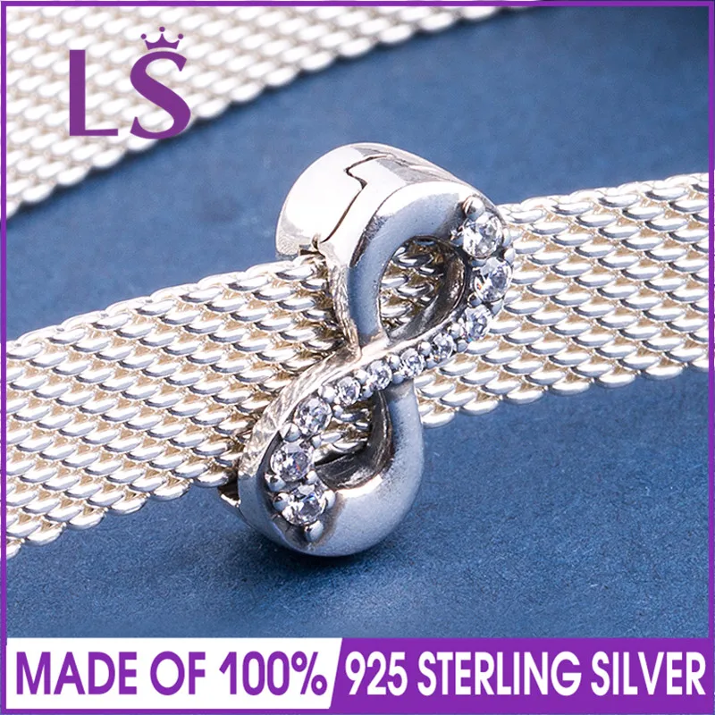 

LS Real 925 Silver Sparkling Infinity Clip Charm Fit Original Bracelets Pulseira Encantos Beads DIY Jewelry