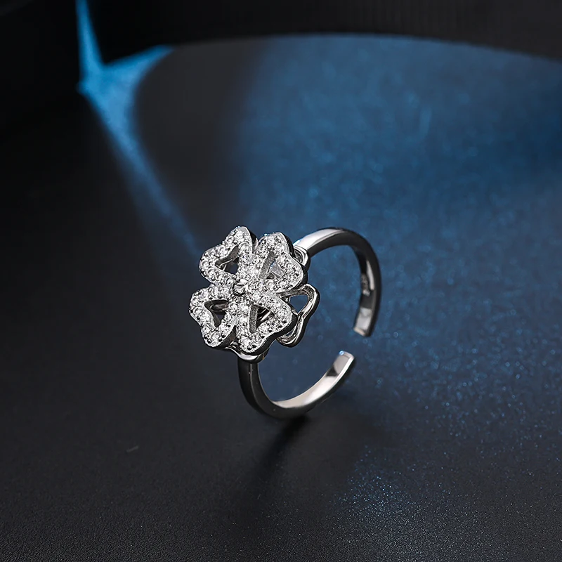 SUKI классический четырехлистный клевер медный серебристый цвет свадебные вращающийся кольцо, чистый фианит открытие изменяемые счастливые Модные женские ювелирные изделия
