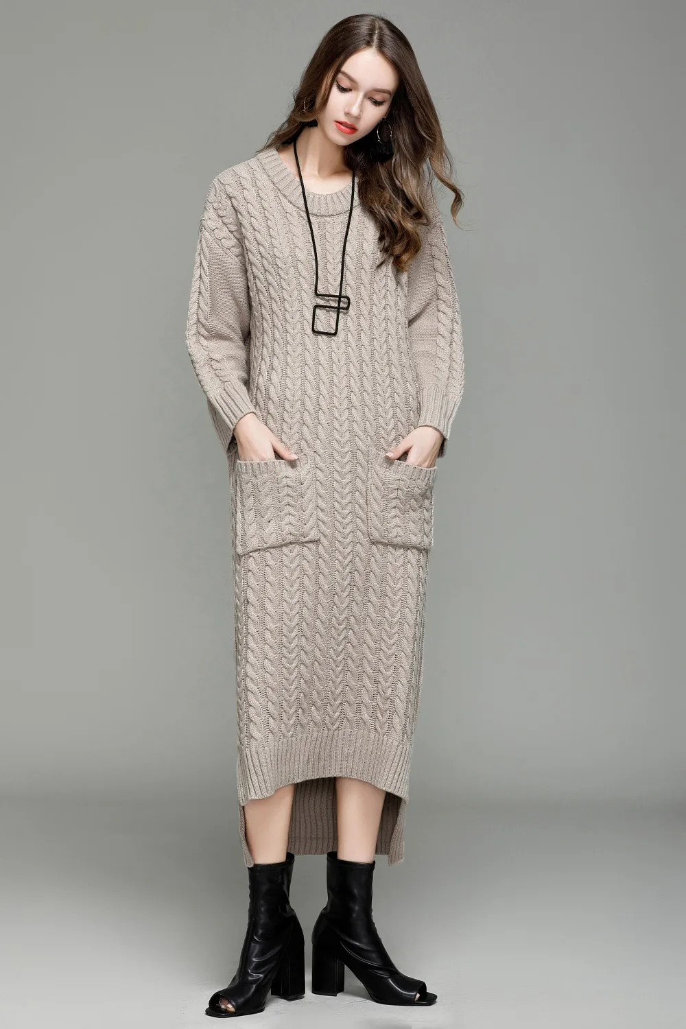 High Quality Beige Winter Autumn Dress 2018 Thick Jersey Dresses Women