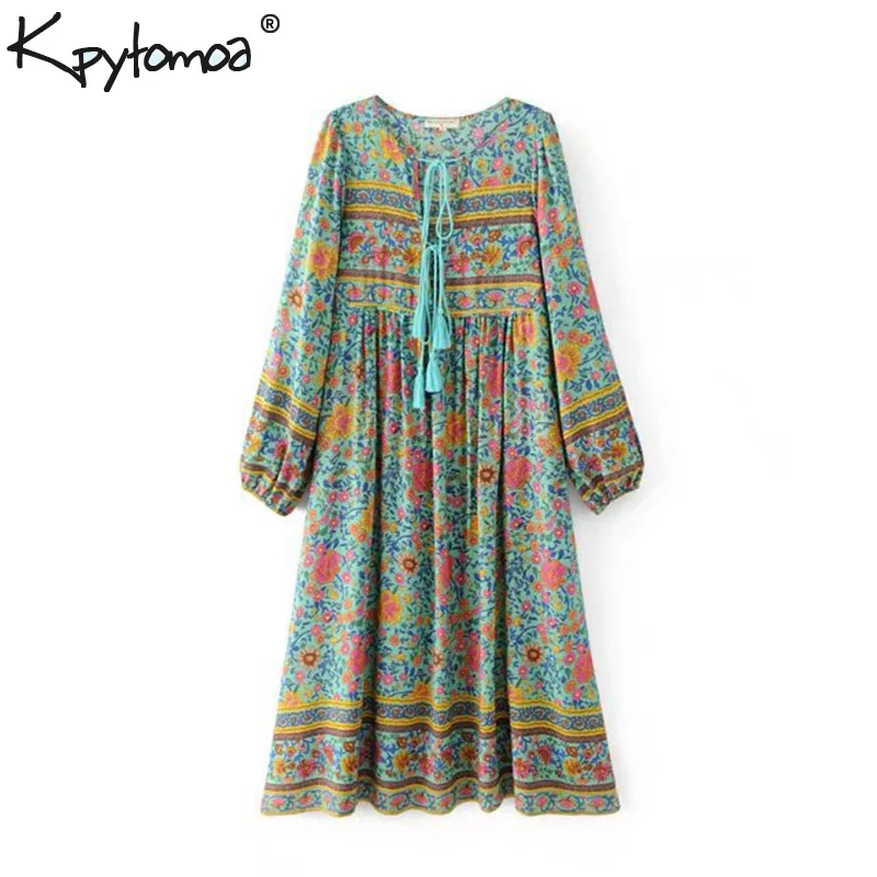Najtaniej Boho elegancka, letnia vintage, w kwiaty drukuj sukienka z frędzlami kobiety 2019 moda V Neck latarnia rękaw sukienki plażowe Casual Femme Vestidos
