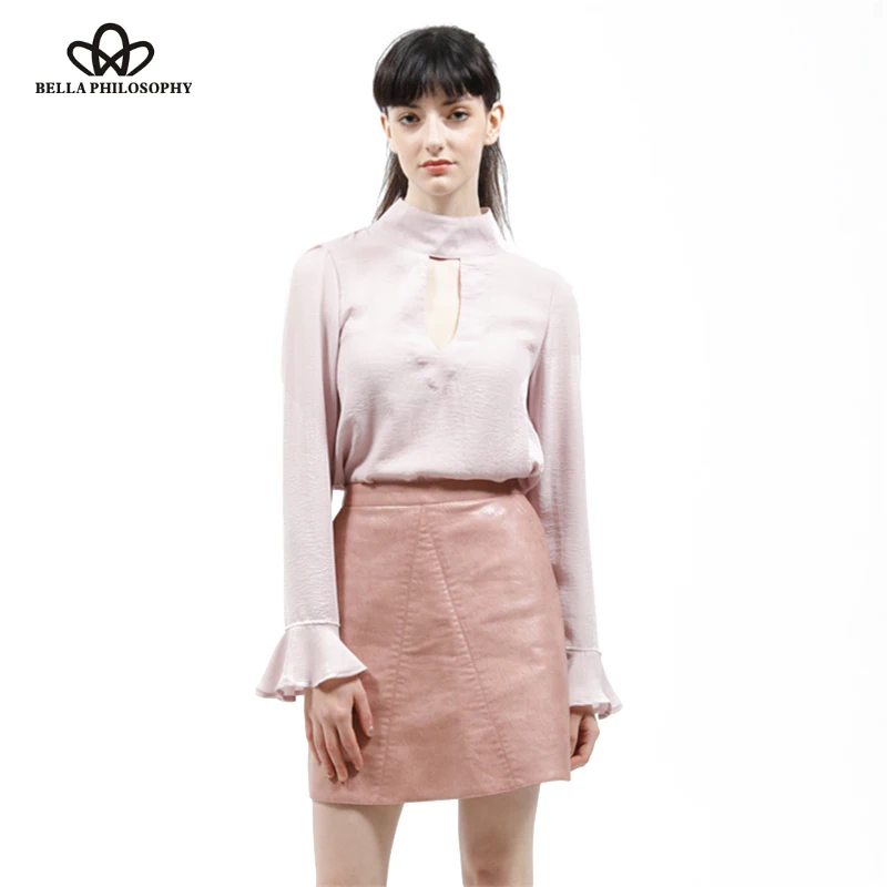 Bella Philosophy 2019 winter high waist Skrit PU faux leather women skirt pink yellow black green blue zipper mini skirt women