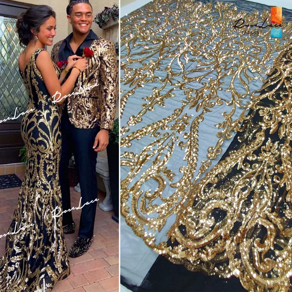 

Gold Sequined Embroidered Mehs Tulle Lace Fabric 2019 HIgh Quality African Sequins Net Lace Wedding Prom Dresses Bride Material