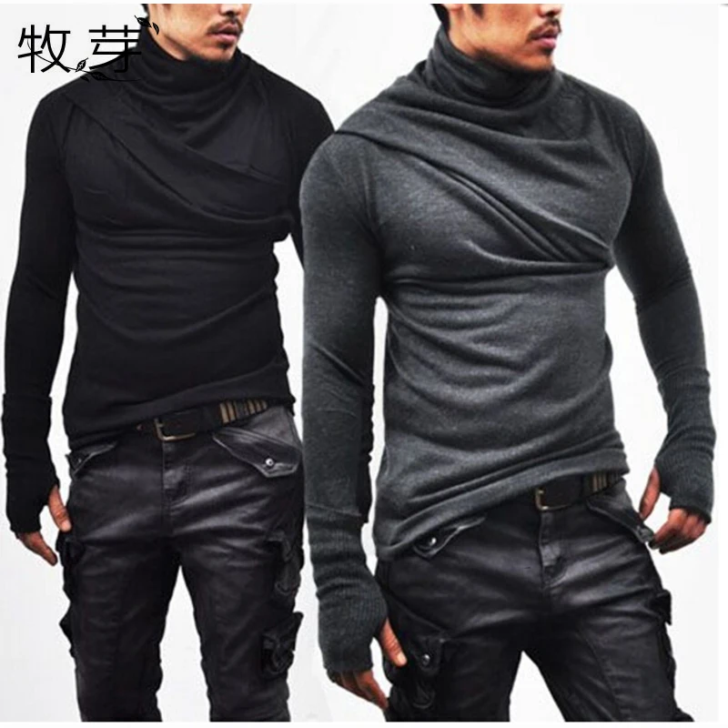 

Men cowl neck Thumb Hole Cuffs t shirt Long Sleeve Casual T Shirt Turtle Neck Silm Fit T-shirt hip hop streetwear