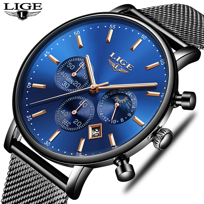 

LIGE Mens Watches Top Brand Luxury Mens Casual Sport Watch Men Military Stainless Steel Mesh belt Quartz Watch Relogio Masculino