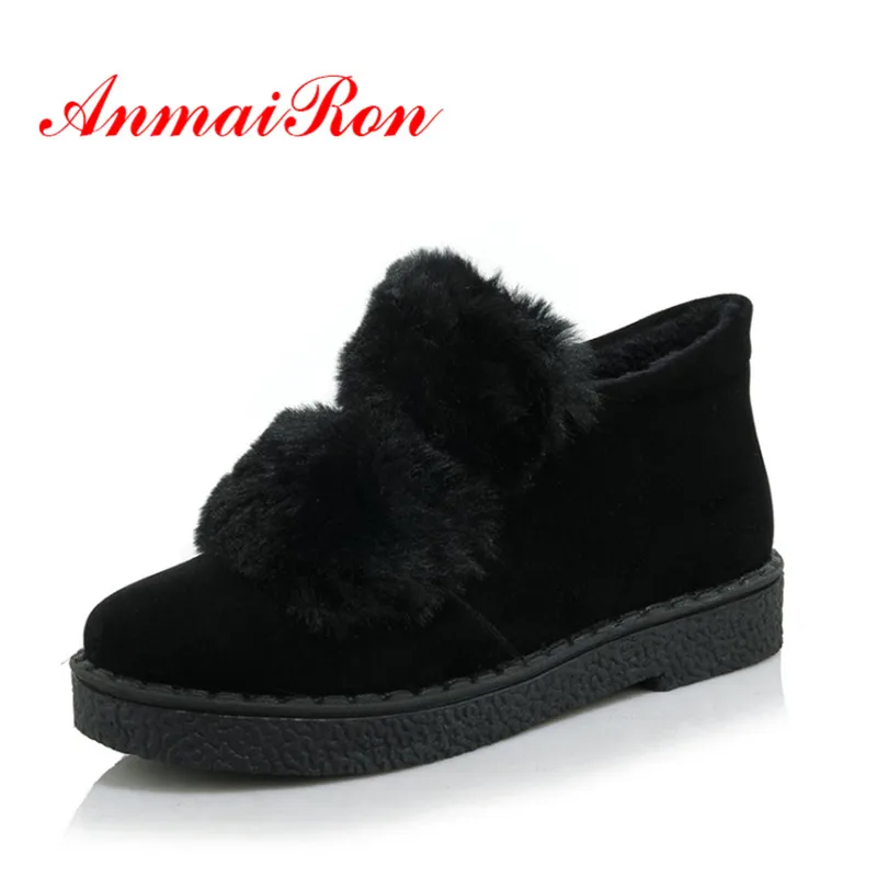 

AnmaiRon 2018 New Arrival Fashion Ankle Boots Slip-on Warm Plush Shoes Female Soft Flock Ladies Shoes Black Gray High Quality