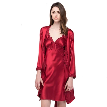 

2017 Brand New Sexy Women Satin Nightgown Robe Set Sexy Lace Strap Dress+Robe Sleepwear Two Pieces Female Nightwear Night Dress
