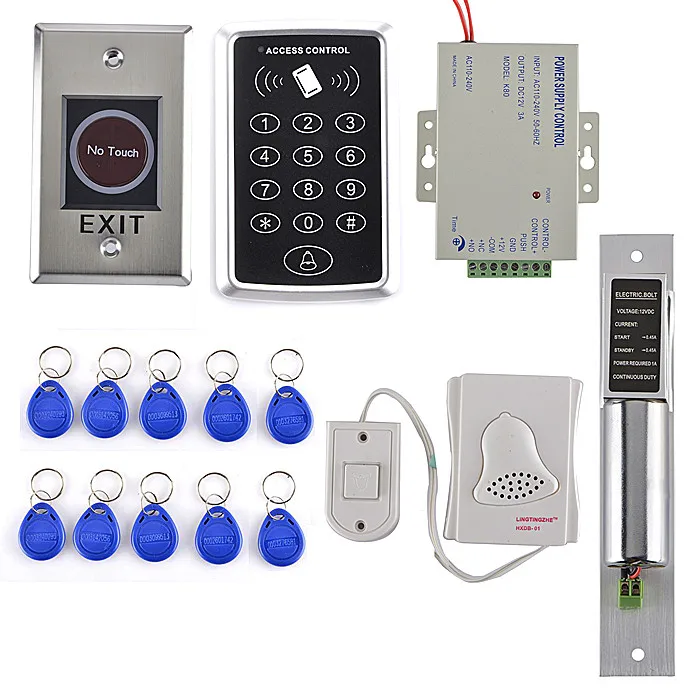 

Single Door Access Control System Kit Set RFID Keypad +Drop Bolt Door Lock +Power Supply +Stainless Steel Exit Button