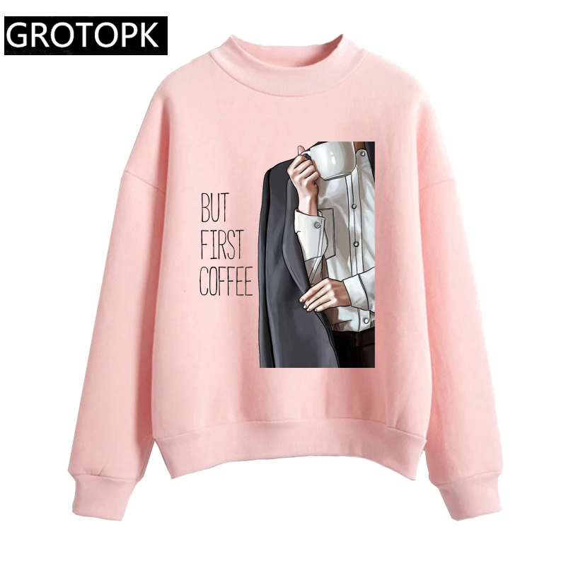 

But First Coffee Print Pink Women Hoodies Sweatshirts Korean Style Fashion Hooded Long Sleeve Sweatshirt Casual Clothing Femme