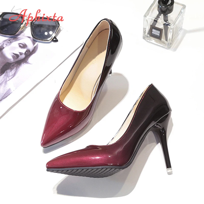 Aphixta Pointed Toe Women Thin Heel Shoes 10cm Heels Pointed Toe Patent Leather Wedding Party Shoes Woman Big Size 48