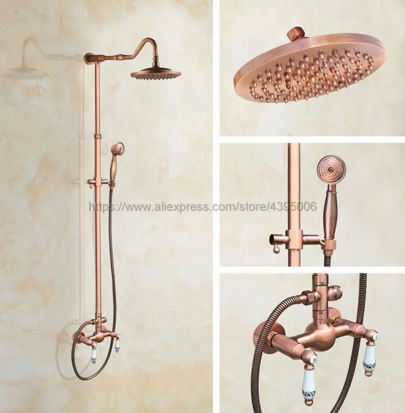 

Antique Red Copper Bathroom Shower Faucet 8" Rainfall Shower Head Dual Handles with Hand Shower Brg619