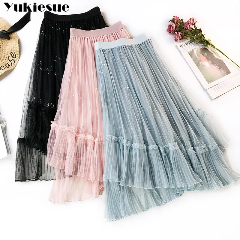 Тюлевая юбка Новая летняя Корейская длинная юбки Феи нерегулярные bling Женская юбка элегантная Saias Faldas тонкая плиссированная пачка Jupe
