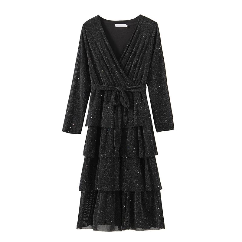 

PERHAPS U black purple red v neck cascading ruffle fit and flare long sleeve knee length lurex bling dress autumn elegant D0764