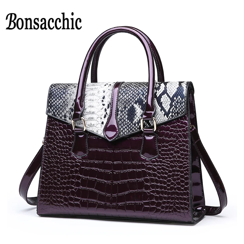 Bonsacchic женские лакированные кожаные сумки со змеиным принтом роскошные