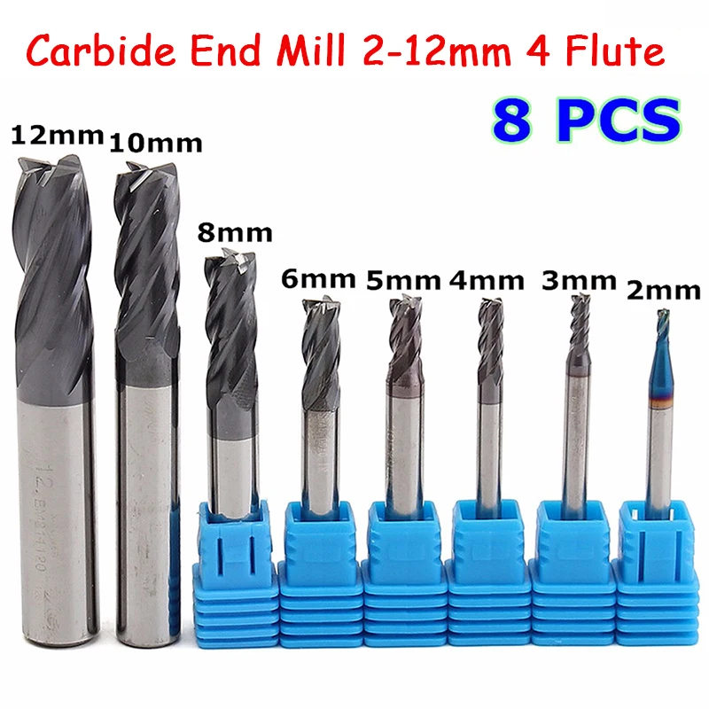 8pcs 4 Flutes Carbide End Mill Set Mayitr Tungsten Steel HRC50 Hardness CNC Milling Cutter Tool 2/3/4/ 5/ 6/8/10/2mm Dia.