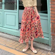 Smthma Новая летняя винтажная Женская плиссированная юбка негабаритная эластичная юбка с высокой талией и принтом