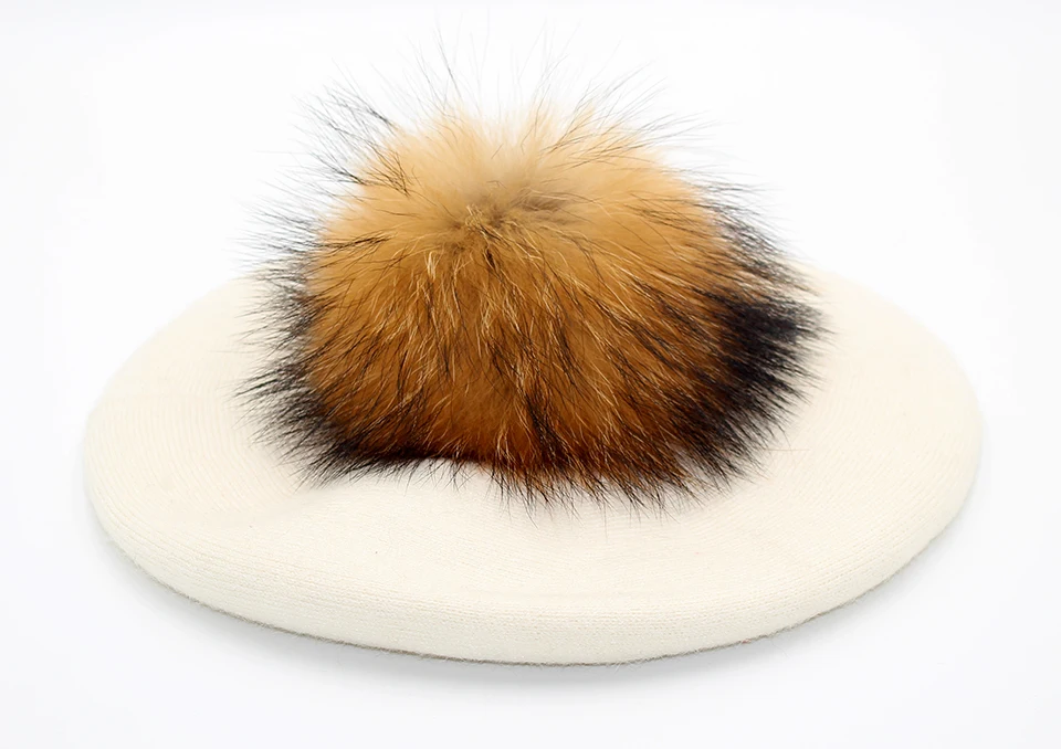 Women Beret Wool Hat Winter Knitted Wool Berets Real Fur Pompom Hats Beanies Female Top Quality Beret Cap (13)