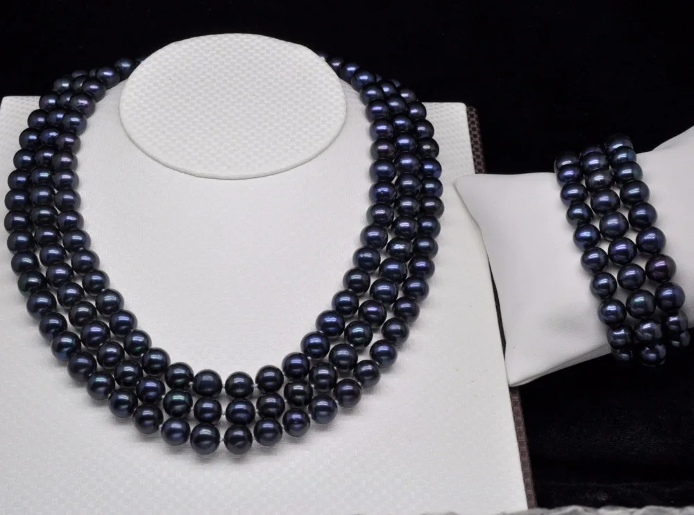 

charm Jew.656 Noble Triple strand 7-8MM black pearl necklace &bracelet set (A0423) -Top quality free shipping