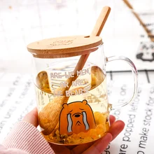 300 мл медведь стекло с Ложка Крышка необычный, прозрачный стеклянный молочная чашка для завтрака Однослойная кофейная кружка Круглый Мультфильм