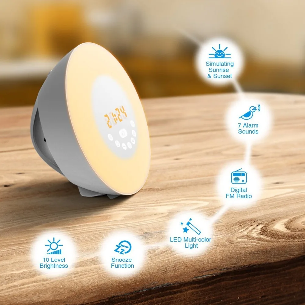 

Wake Up Light Sunrise Simulation Alarm Clock with Sunset & Snooze Function Bedside Night Light 6 Colors 7 Alarm Sound & FM Radio