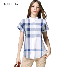 BURDULLY New Women Pure 100 Cotton Blouse Shirts Tops For Summer Ladies Short Sleeves 2017 Fashion Plaid Blouses Patchwork