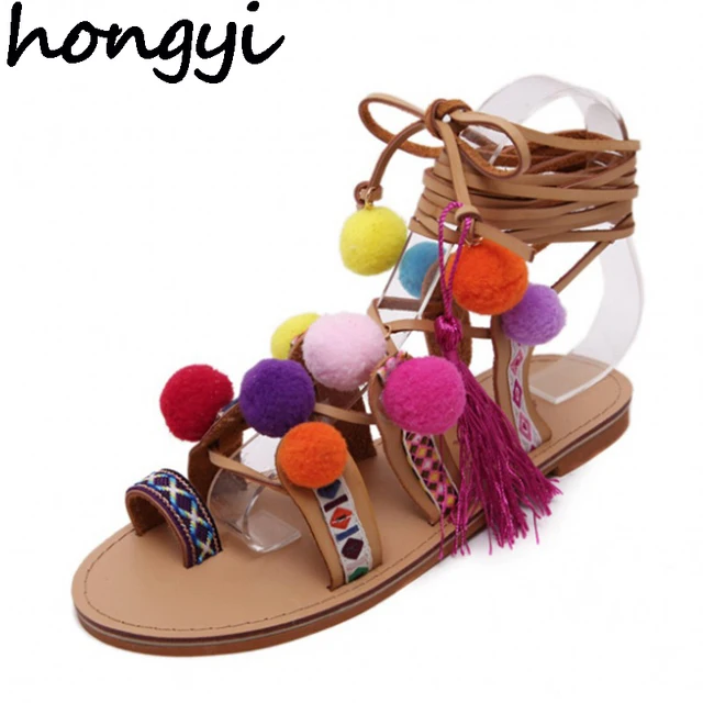 Plus Size 35-41 Ethnic Bohemian Summer Woman Pompon Sandals Gladiator Roman Strappy Knee High Boots Embroidered Tassel Shoes