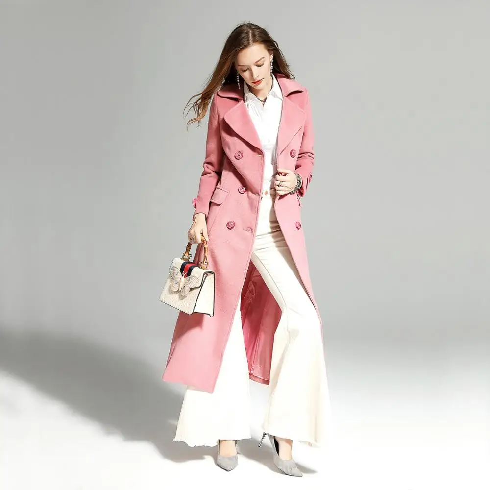 

2019 winter woman woolen coat pink long lapels woolen coat double-breasted soft long fashion plus size ladies wool coat h119