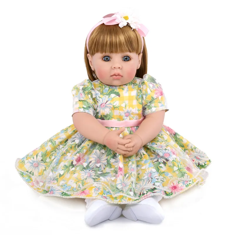 

50cm Silicone Reborn Princess Baby Girl Doll Toys Vinyl Toddler brown longhair floral dress Doll Girl bedtime play house toys