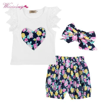 

3PCS Summer Kids Baby Girls Floral Outfits Clothes T-shirt Tops+Shorts + Hats Clothing Set
