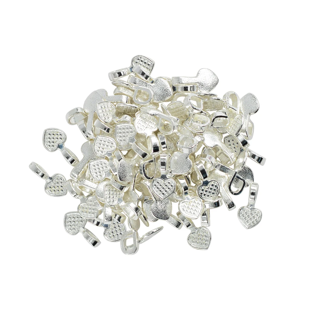 100 Pieces Silver White Heart Glue on Bails Pendant Cabochon for Wire Wrapping Drilling Jewellery Making Findings Accessories