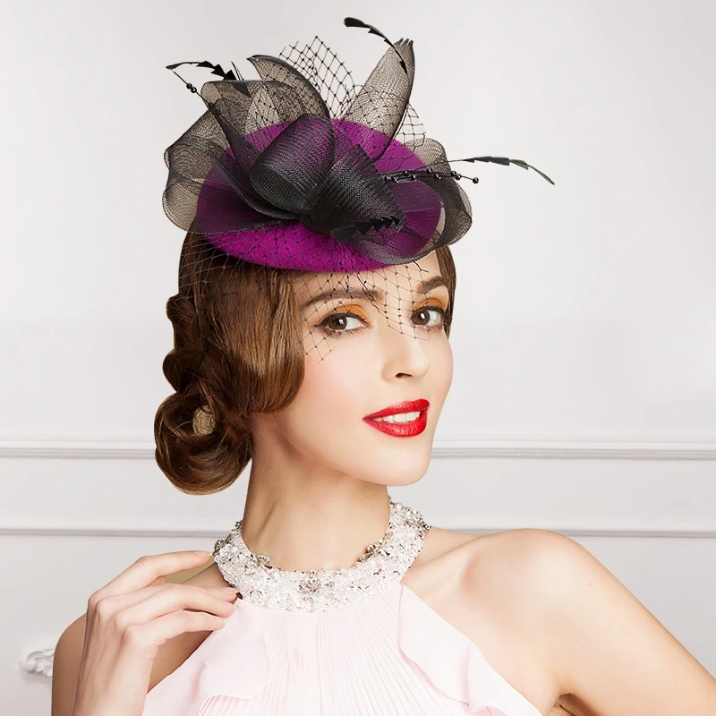 Autumn Winter Women Warm Wool Hats Ladies British Style Vintage Veil Flower Feathers Fedoras