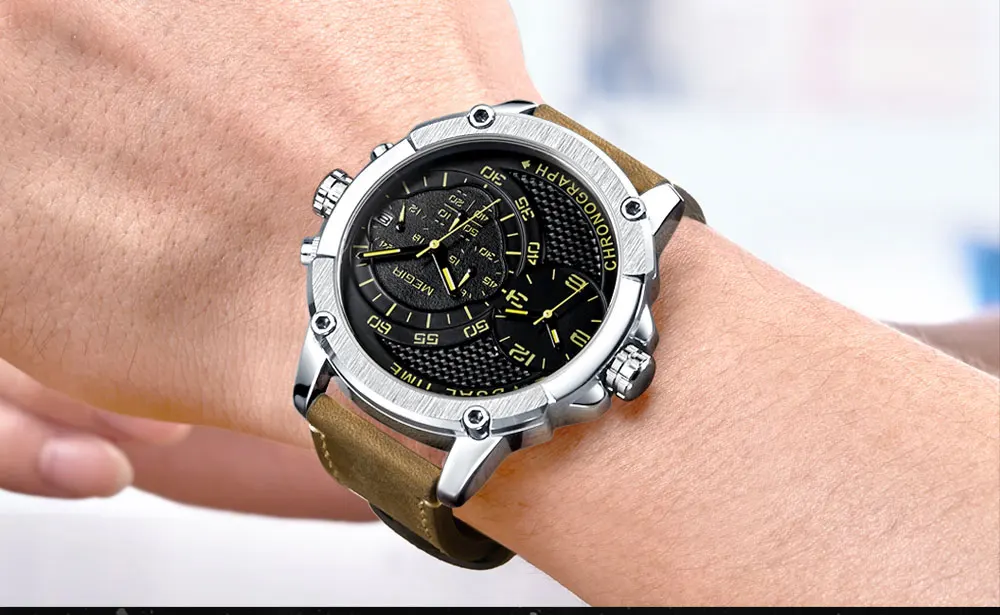 MEGIR мужские спортивные кварцевые часы с кожаным ремешком и хронографом, модные армейские водонепроницаемые наручные часы с двойным часовым поясом для мужчин 2093GBN