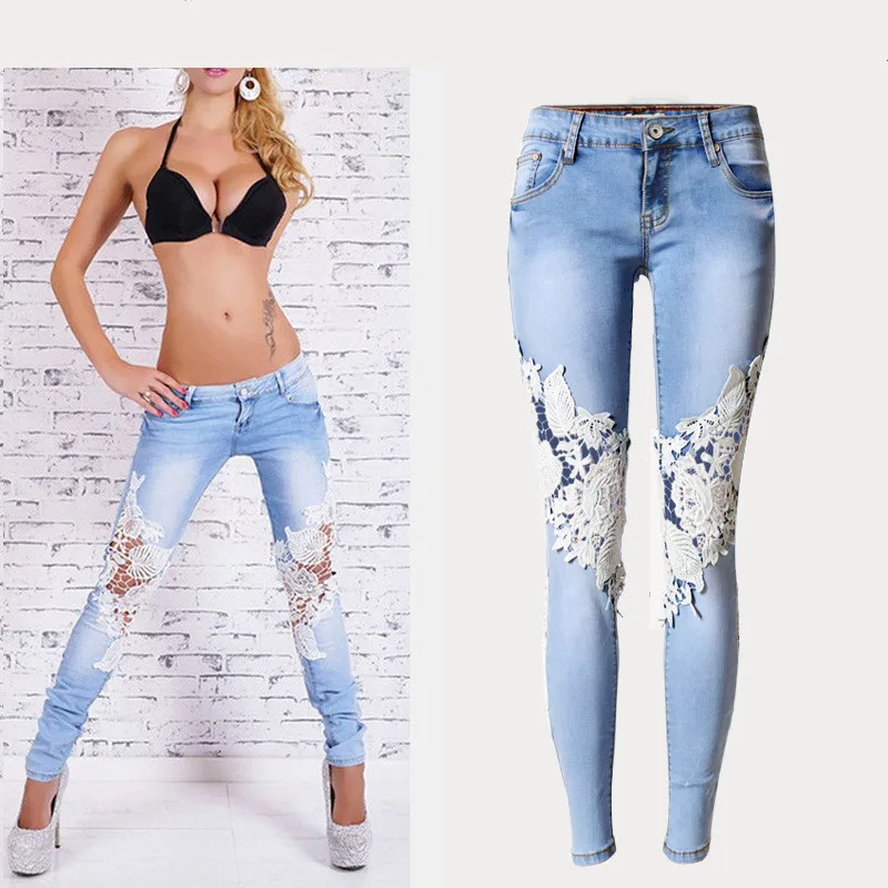 

Hot Style Low Waist Jeans Hollow Lace Stitching Tights Elastic Skinny Stretchable Pencil Jeans Woman Denim Blue Jeans With Lace
