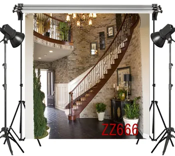 

LB Polyester & Vinyl Gorgeous Villa Interior Stairs Potted Plant Backdrops Background For Photography Studio Backdrop Photo Prop