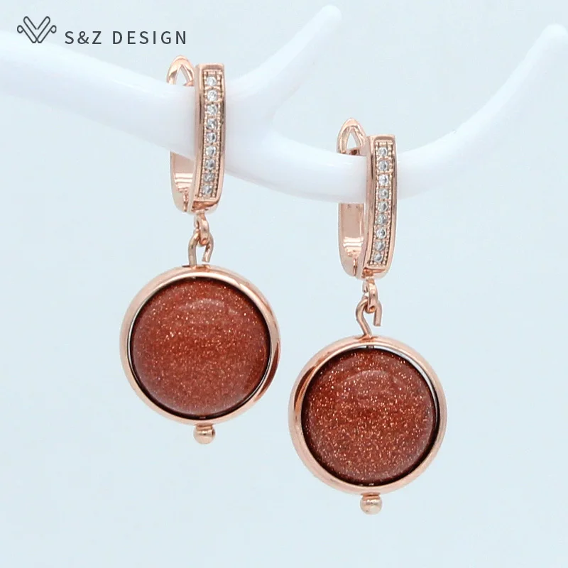 

S&Z Trendy CZ Zircon Earrings Natural Golden Sand Stone Drop Earrings 585 Rose Gold Earrings For Women Fine Fashion Jewelry