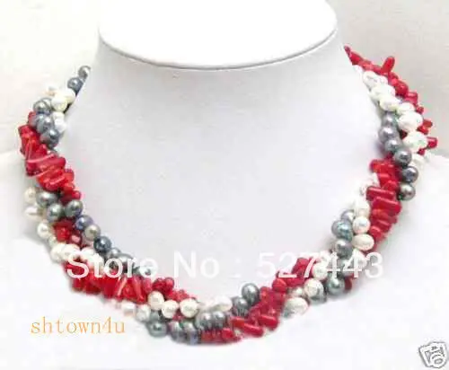 

Wholesale White Black FW Pearl Red Coral 3 Row Twist Necklace